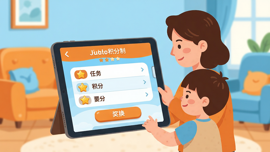 儿童积分制 家庭客厅场景 一位家长和孩子站在平板电脑前 屏幕显示儿童积分制应用界面 界面包含任务列表 积分星星 奖励兑换按钮 布局清晰 主色调为暖橙色和天蓝色 扁平化设计风格 细节圆润可爱 画质干净 无多余元素
