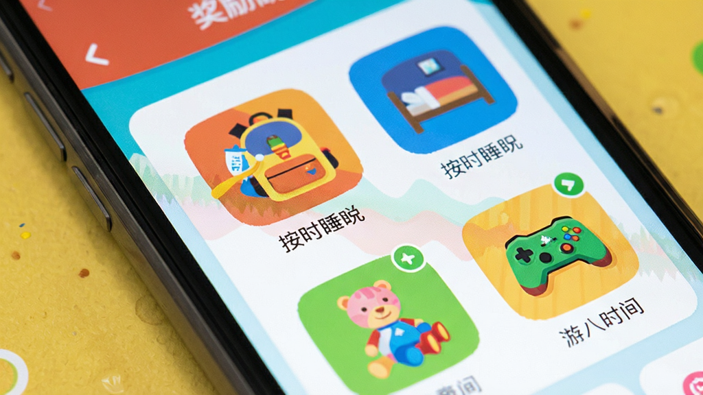 儿童积分制 手机屏幕特写 显示积分任务列表和奖励商店 任务图标包含刷牙 整理书包 按时睡觉 奖励图标包含冰淇淋 玩具 游戏时间 界面色彩明快 布局简洁 扁平风格 画质清晰 无多余元素