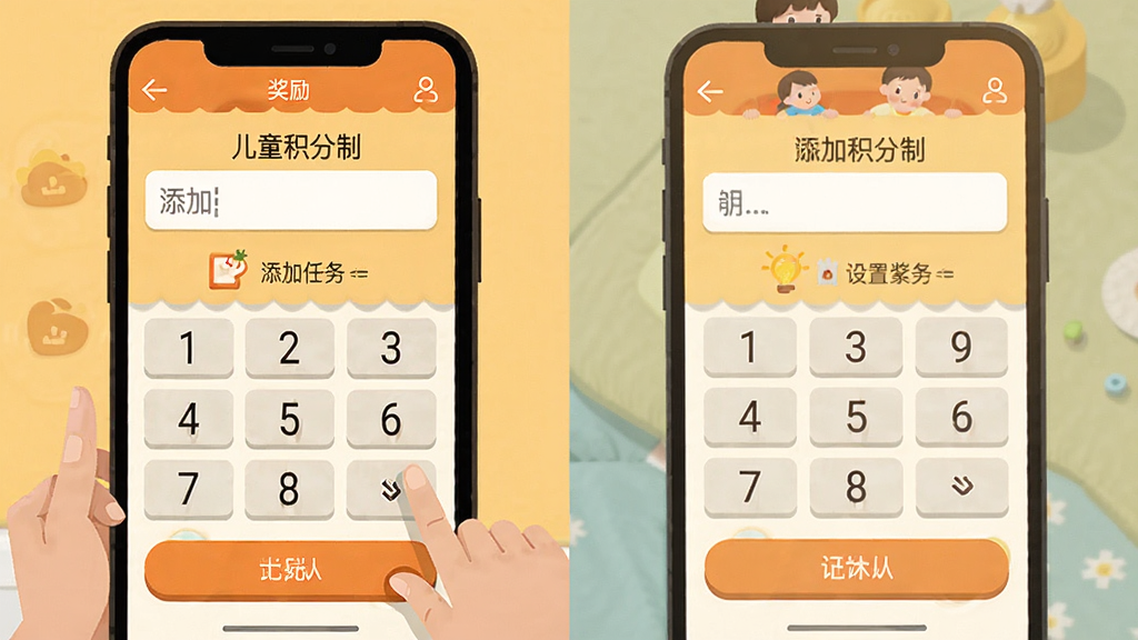 儿童积分制 手机操作界面截图 展示添加任务和设置奖励的步骤 界面包含输入框 数字键盘 确认按钮 布局清晰 暖色系配色 扁平化设计 画质干净 无多余元素