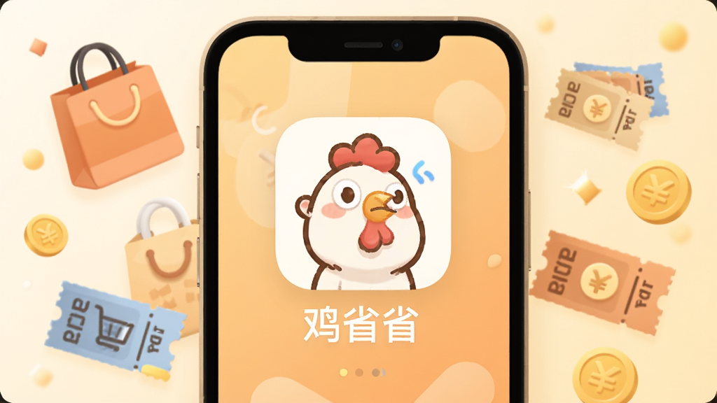 手机屏幕中央显示“鸡省省”应用图标和名称,背景是柔和的暖色调,周围环绕着购物袋、优惠券、金币等小元素,整体画面干净明亮,扁平化设计风格,细节圆润,画质清晰,无多余元素