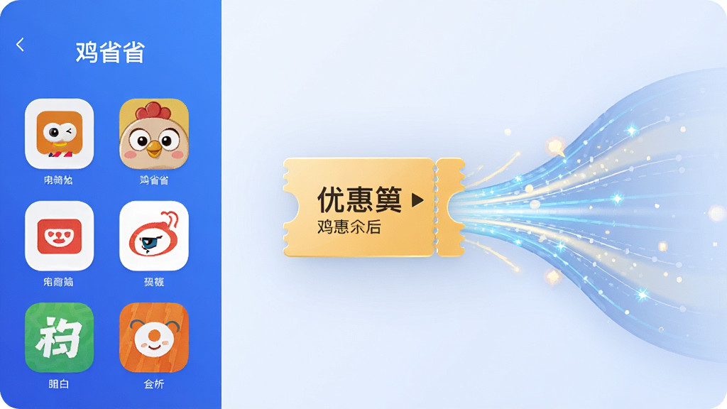 画面主体为“鸡省省”应用界面,左侧是各大电商平台图标排列,右侧汇聚成一条光带流向中间一个醒目的优惠券图标,布局简洁对称,风格现代科技感,细节清晰,画质干净,无多余元素