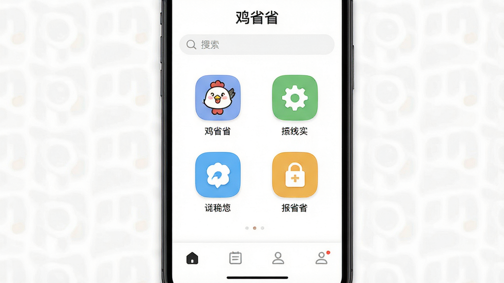画面主体为“鸡省省”应用主界面,布局极简,顶部搜索框,中间四个功能图标,底部导航栏,背景纯白,风格清爽干净,细节清晰,画质干净,无多余元素