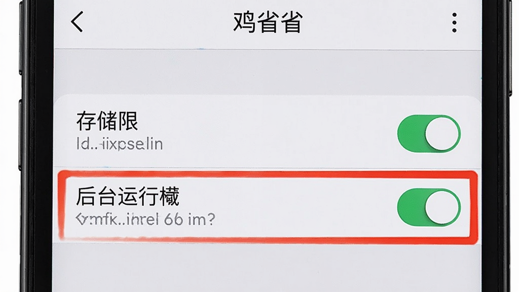 手机屏幕显示“鸡省省”的权限设置界面,高亮标注出存储权限和后台运行权限的开关,背景是浅灰色设置菜单,风格清晰直观,细节明确,画质干净,无多余元素