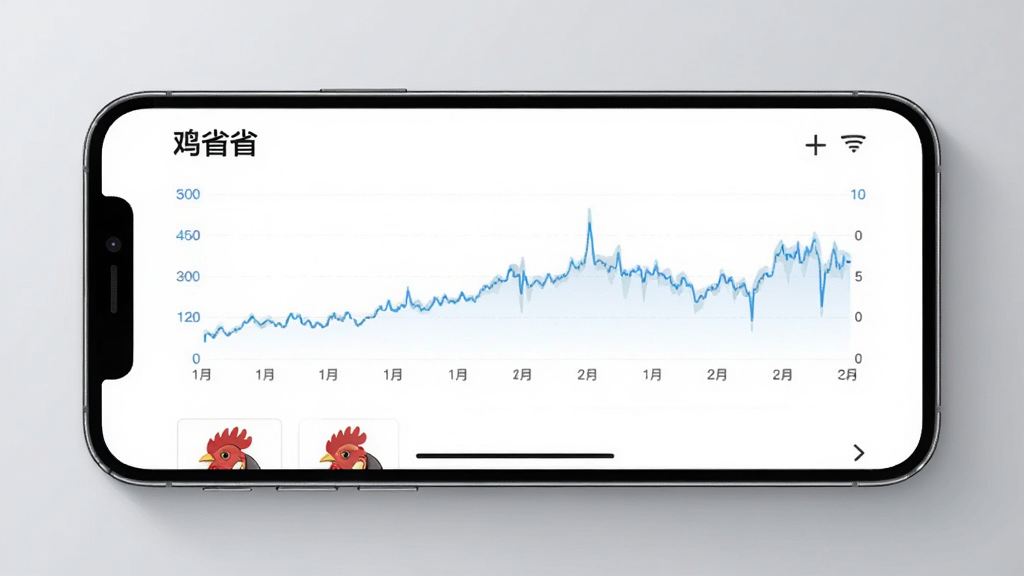 画面中一部手机横屏显示“鸡省省”的价格走势折线图,图表下方有商品小图,背景是柔和的灰色调,风格商务简洁,细节清晰,画质干净,无多余元素