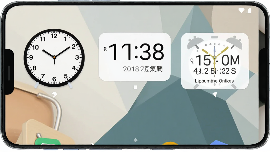 一张展示闹钟时钟app桌面小组件功能的AI生图,画面中一部安卓手机的主屏幕,上面摆放着三个不同风格的时间小组件,一个显示模拟时钟表盘,一个显示数字时间与日期,另一个显示即将到来的闹钟倒计时,桌面壁纸是简约的几何图案,光线柔和,画质干净无多余元素