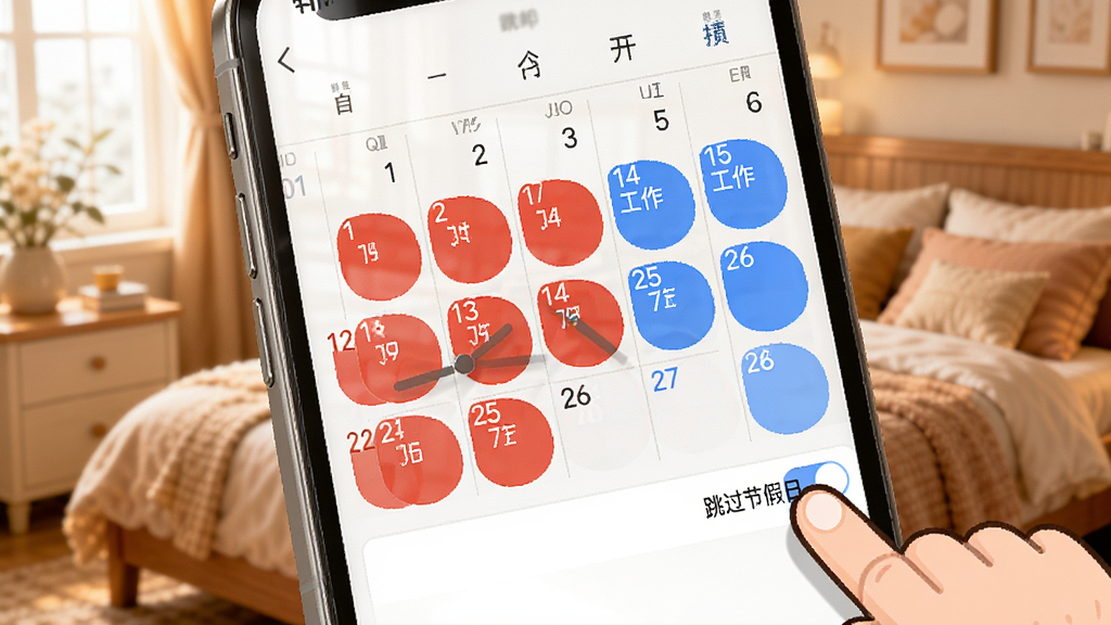 一幅展示闹钟时钟app日历界面的AI生图,画面中一个手机屏幕显示着日历视图,其中部分日期被标记为红色表示节假日,部分周末日期被标记为蓝色表示工作日,一个卡通手指正点击“跳过节假日”的开关按钮,背景是温馨的卧室环境,风格温馨明亮,画质清晰