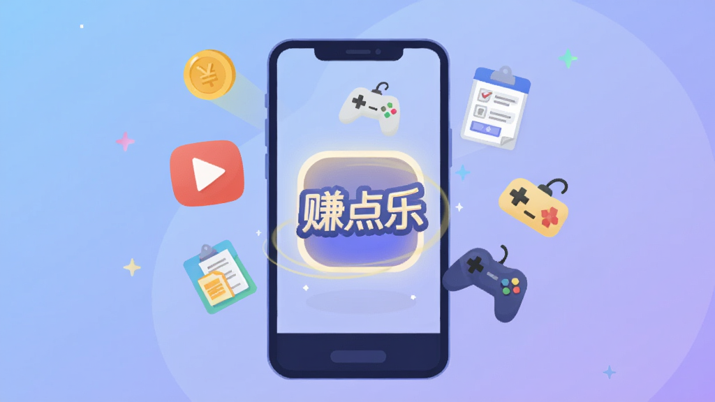 ��ƽ���廭���չʾһ���ֻ���Ļ����Ļ��ɳ�����Сͼ�꣬�����ҡ����Ű�ť���ʾ���������Ϸ�ֱ���Χ����һ��д�š�׬���֡��ķ���Logo����������͵�����ɫ���䣬�����ã����ʸɾ����޶���Ԫ��