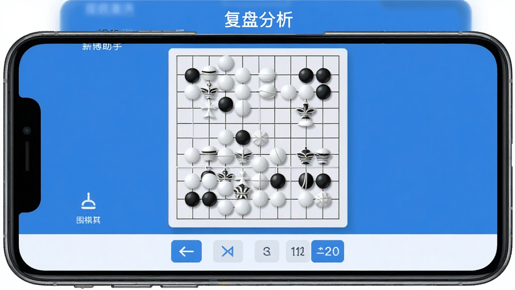 新博助手围棋复盘界面,手机屏幕显示棋盘和黑白棋子,棋盘下方有前进后退按钮和步骤数字,屏幕上方有“复盘分析”文字,界面简洁,蓝白配色,扁平化风格,细节清晰,画质干净