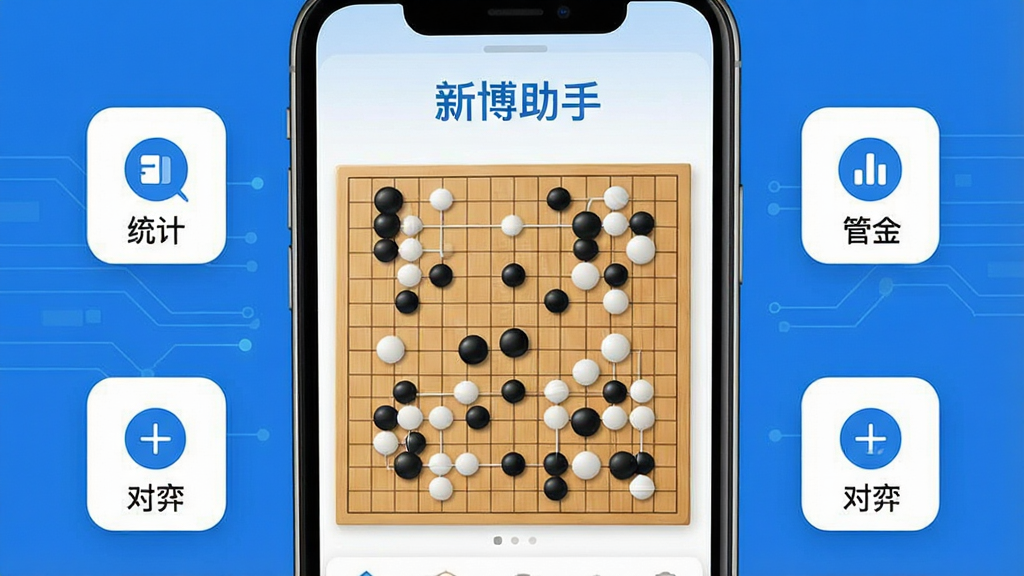 一张展示新博助手应用核心全貌的图片,画面中央是手机屏幕显示围棋对弈界面,棋盘上摆放黑白棋子,屏幕上方有“新博助手”文字标识,屏幕周围环绕着几个小图标代表管理、统计、对弈功能,整体布局简洁清晰,风格为现代扁平化科技风,色调以蓝白为主,画面干净无多余元素,高清画质