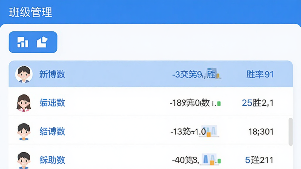 新博助手应用内班级管理界面截图风格的图片,画面展示一个列表,每个学生名字后面跟着对弈局数和胜率数据,界面顶部有“班级管理”四个字,下方有图表按钮,整体排版整齐,蓝白配色,扁平化设计,画面干净,高清画质