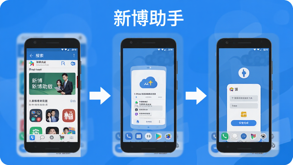 新博助手安卓版下载安装步骤示意图,画面展示手机屏幕从应用商店搜索到安装完成的三个步骤,每步有手机图标和箭头指引,屏幕上方有“新博助手”文字,整体风格简洁明快,蓝白配色,扁平化设计,画质清晰