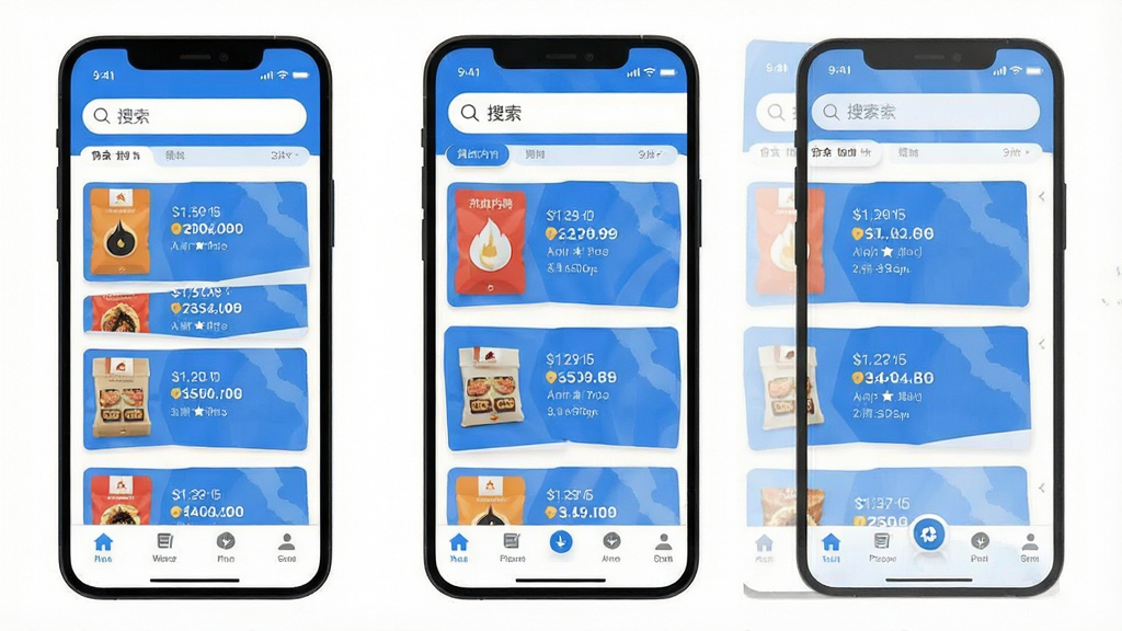 热浪内购 手机应用主界面展示 顶部搜索框 中间是商品优惠券列表 底部导航栏 蓝白配色 扁平化设计 干净清爽 无多余元素 画质清晰