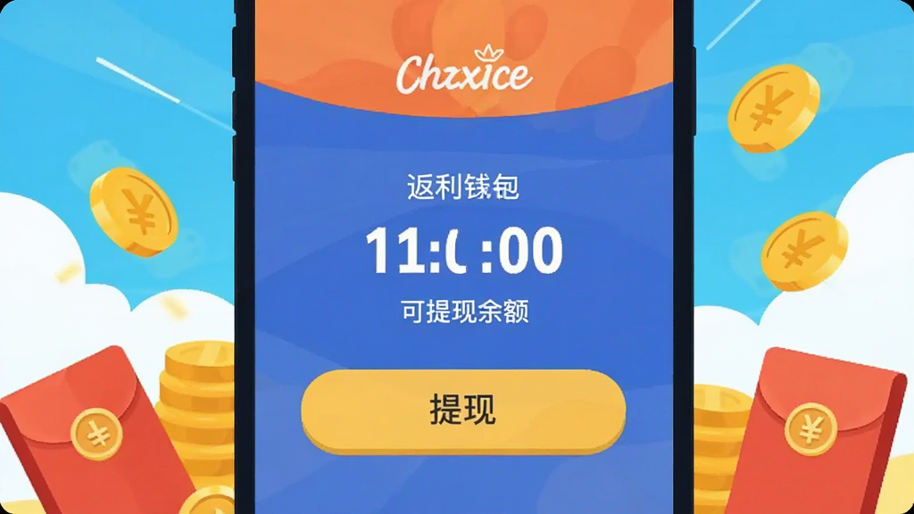 热浪内购 返利钱包界面 显示可提现余额 下方有提现按钮 周围有金币和红包元素 扁平插画风格 色彩明快 干净无杂乱