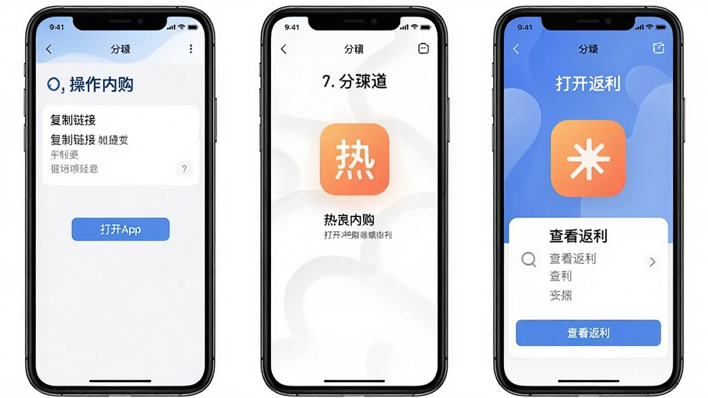 热浪内购 操作指引界面 分步骤展示复制链接 打开App 查看返利 手机屏幕截图风格 清晰明了 干净排版 无多余元素