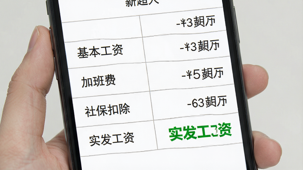 薪超人APP工资条解析功能界面,手机屏幕显示一张表格,左侧是“基本工资”“加班费”“社保扣除”“实发工资”等项目名称,右侧对应金额数字,其中“实发工资”数字用绿色加粗显示,背景为纯白色,表格线条纤细,整体风格商务简洁,画质干净无多余元素