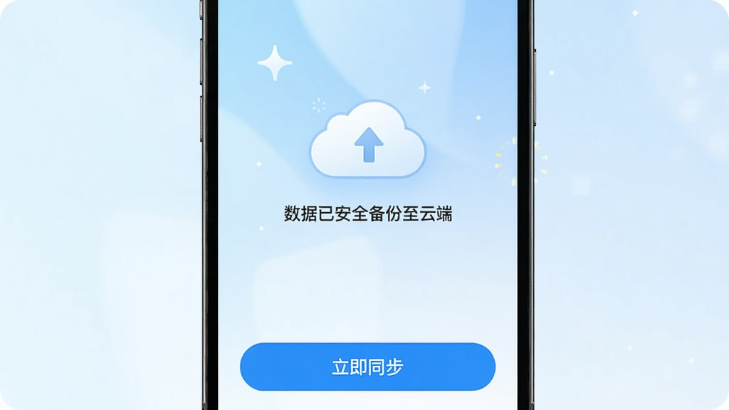 手机屏幕显示薪超人APP的数据同步界面,画面中央是一个云朵图标,下方有“数据已安全备份至云端”的文字提示,背景是淡蓝色渐变,底部有“立即同步”的蓝色按钮,整体风格轻盈科技感,画质干净无多余元素