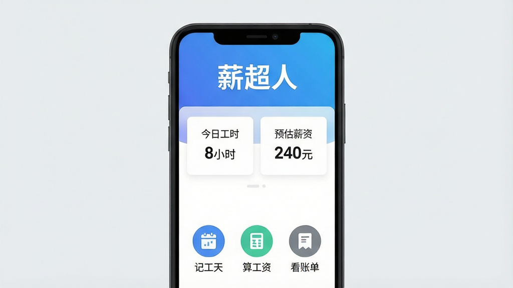 一张扁平化风格的应用界面展示图,画面中央是手机屏幕,屏幕内显示薪超人APP的首页,顶部蓝色渐变横幅写着白色粗体字“薪超人”,中间卡片展示“今日工时 8小时”和“预估薪资 240元”的数据,底部排列着“记工天”“算工资”“看账单”三个圆形图标按钮,背景是浅灰色,整体风格现代简洁,画质干净无多余元素