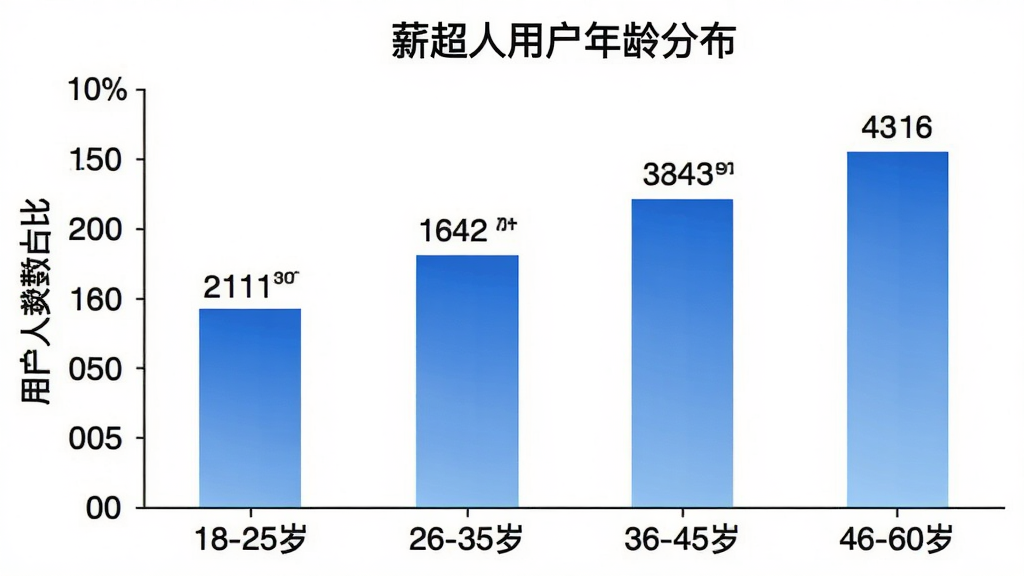 一张柱状图,横轴为年龄区间“18-25岁”“26-35岁”“36-45岁”“46-60岁”,纵轴为用户人数占比,柱形颜色为蓝色渐变,图表标题为“薪超人用户年龄分布”,背景为白色,数据标签清晰,画质干净无多余元素