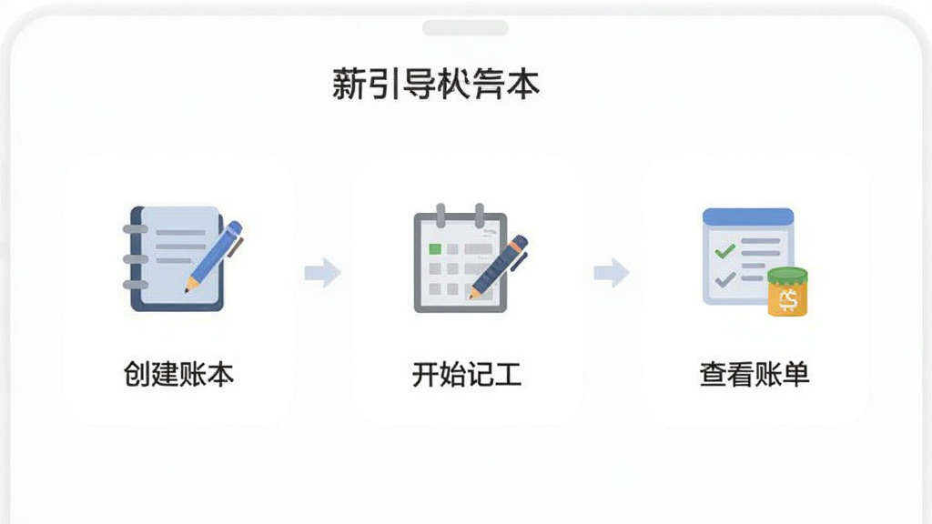 薪超人APP的新手引导界面截图,画面显示三个步骤的示意图,分别是“创建账本”“开始记工”“查看账单”,每个步骤配有简洁的图标和文字说明,背景为白色,风格扁平化,画质干净无多余元素