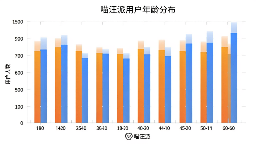 一张展示喵汪派用户年龄分布的柱状图,横轴为18-60岁不同年龄段,纵轴为用户人数占比,柱子颜色为渐变的橙色和蓝色,图表标题为喵汪派用户年龄分布,画面简洁清晰,带有喵汪派文字标识,画质干净无多余元素。