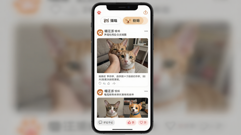 喵汪派App内的养宠经验交流圈界面截图,手机屏幕中显示一个论坛式的信息流,顶部有猫咪和狗狗的分类标签,帖子内容包括宠物照片和文字,底部有评论和点赞按钮,画面风格温馨,带有喵汪派文字标识,画质干净无多余元素。
