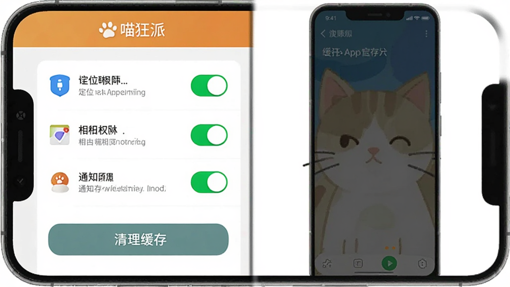 一张展示手机屏幕中喵汪派App权限设置和缓存清理界面的图片,界面显示定位权限、相册权限、通知权限的开关状态,下方有清理缓存按钮,画面风格简洁,带有喵汪派文字标识,画质干净无多余元素。