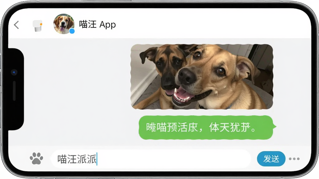 喵汪派App的即时聊天界面截图,手机屏幕中显示一段对话,用户正在发送狗狗的照片和文字消息,聊天气泡简洁,顶部显示对方宠物头像和名字,底部是输入框和发送按钮,画面风格干净,带有喵汪派文字标识,画质清晰无多余元素。