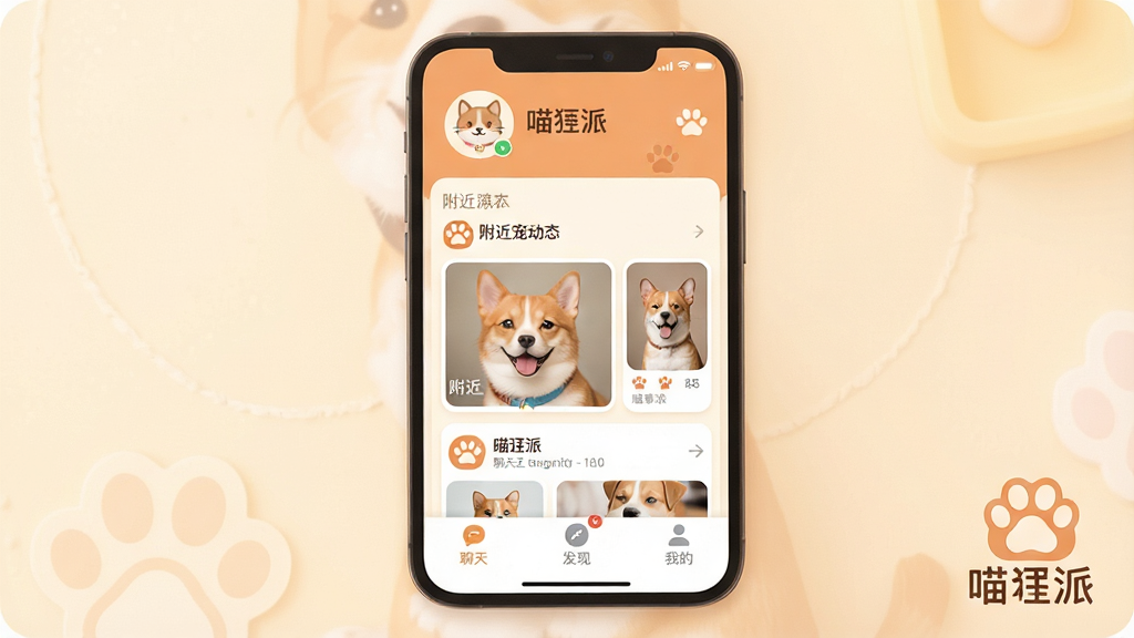 一张展示喵汪派软件核心全貌的图片,主体是手机屏幕中显示喵汪派App的主界面,界面布局上方是宠物头像和昵称,中间是附近宠物动态的瀑布流卡片,下方是聊天、发现、我的三个底部导航栏,排版清晰,风格是温馨可爱的扁平化设计,细节圆润,画质干净,无多余元素,背景是柔和的暖色调,画面中带有喵汪派文字标识。