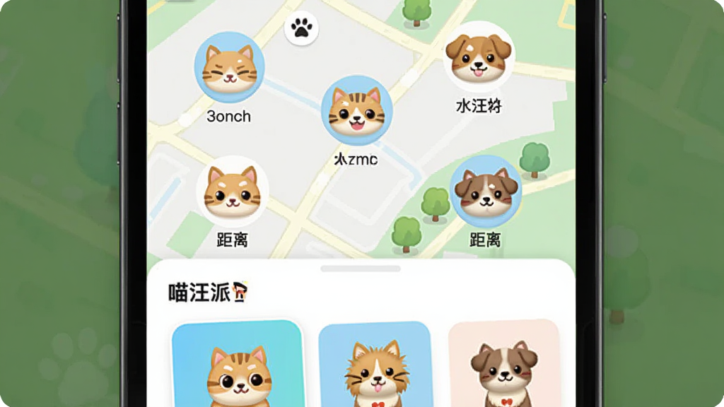 喵汪派App的附近宠物社交功能界面截图,手机屏幕中显示一张地图,地图上散布着多个可爱的猫狗头像图标,每个图标下方显示宠物名字和距离,底部是宠物卡片列表,卡片上写着喵汪派,画面风格清新明亮,画质干净无多余元素。