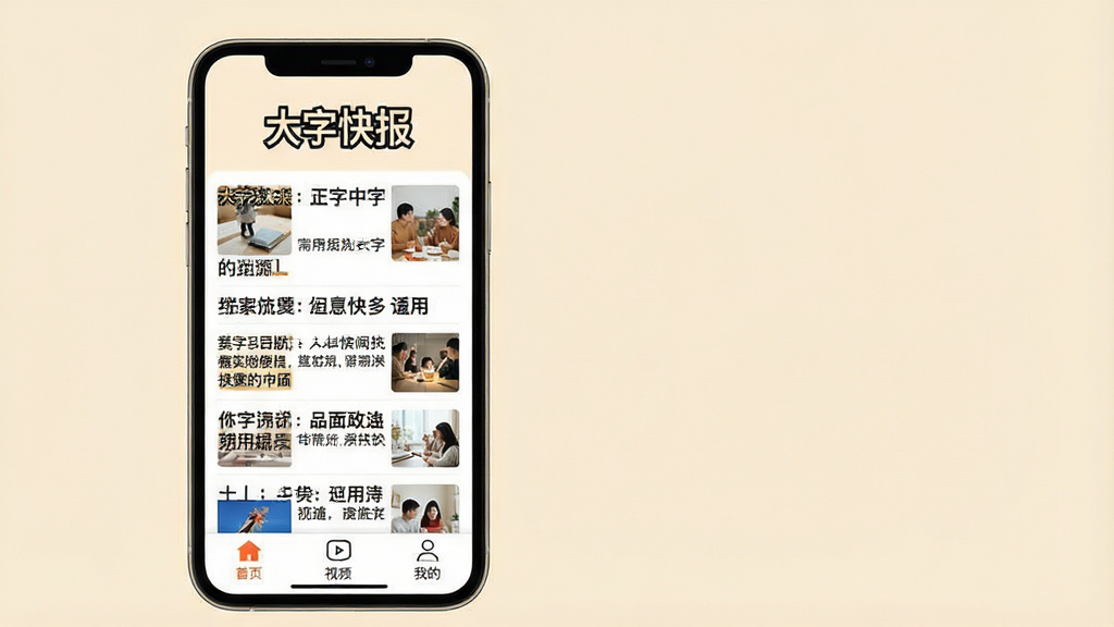 一张展示大字快报APP核心全貌的图片。主体是一款智能手机,屏幕显示大字快报的主界面,顶部有“大字快报”四个醒目大字,下方是超大字号的新闻标题列表,每条新闻配有清晰缩略图,底部导航栏有首页、视频、我的三个图标。布局简洁干净,排版舒朗,风格温馨居家,细节上字体边缘锐利,背景为柔和的米白色,画质高清,干净无多余元素。