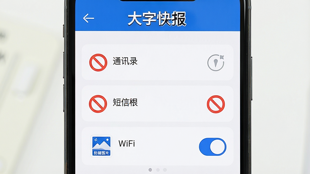 一张展示大字快报APP在手机上安装和权限设置界面的图片,屏幕显示权限管理列表,通讯录和短信权限被标记为红色禁止图标,WiFi加载图片选项被标记为蓝色开启状态,界面顶部有“大字快报”文字标识,风格清晰直观,画质干净无多余元素。