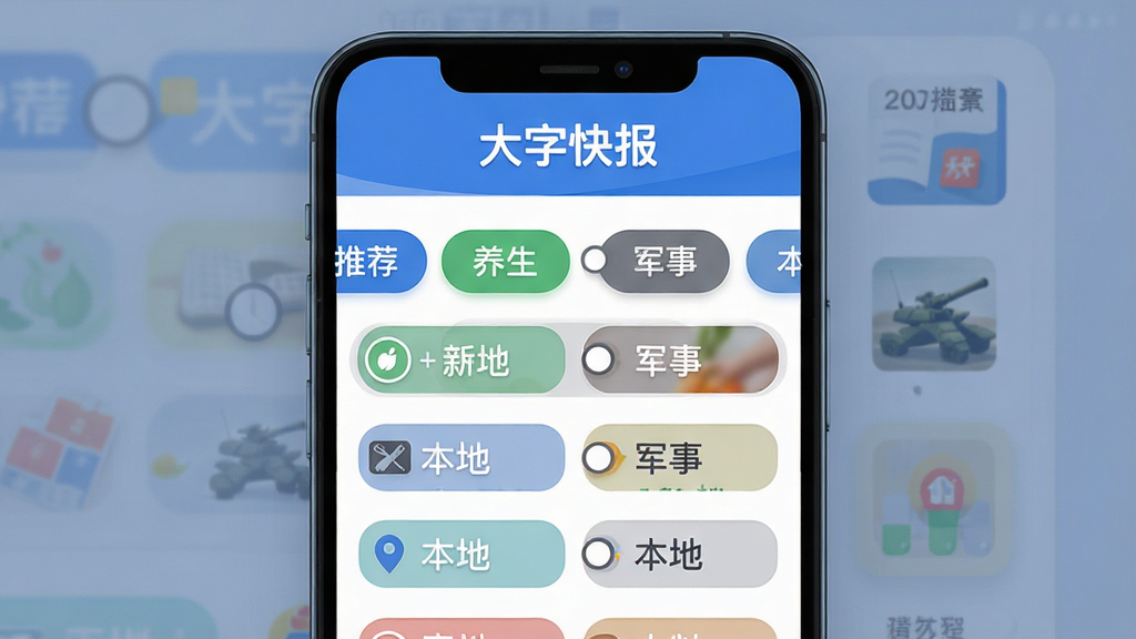 一张展示大字快报APP频道管理界面的图片,屏幕显示多个频道标签如“推荐”“养生”“军事”“本地”,标签可拖拽排序,顶部有“大字快报”标题,界面布局清晰,风格扁平化,细节圆润,画质高清,无多余元素。