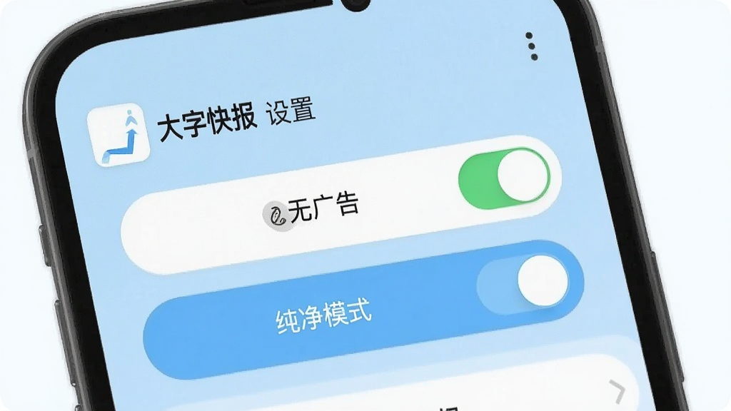 一张展示大字快报APP设置界面的图片,屏幕显示“无广告”和“纯净模式”的开关按钮,旁边有“大字快报”的文字标识,界面背景为浅蓝色,按钮设计圆润,风格清爽简约,画质清晰,无多余元素。