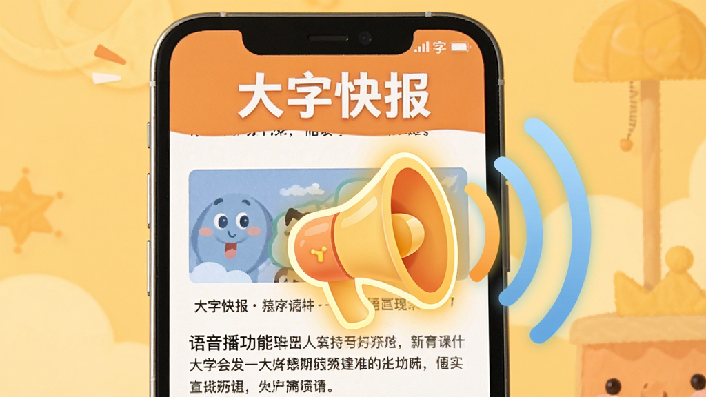 一张展示大字快报APP语音播报功能的图片,手机屏幕显示新闻页面,一个醒目的喇叭图标被高亮显示,声波图案从喇叭处扩散,屏幕上方有“大字快报”字样,背景为暖色调,风格活泼友好,画质干净无多余元素。