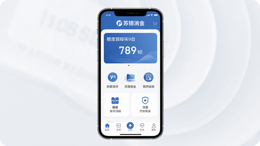 一张展示“苏银消金”手机应用界面的整体效果图,画面中央是一部现代智能手机,屏幕显示“苏银消金”主页面,顶部有品牌标识,中间区域布局清晰,包含额度展示和功能入口图标,底部为导航栏,整体采用蓝白配色,风格简洁现代,细节圆润,画质干净清晰,无多余元素