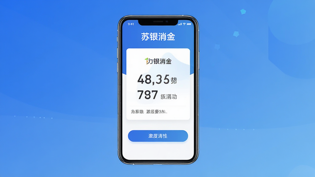 一张展示“苏银消金”额度激活流程的示意图,画面主体是一个手机屏幕,屏幕上显示额度激活成功的界面,有清晰的数字和按钮,背景是简约的蓝色渐变,风格扁平化,细节精致,画质干净,无多余元素