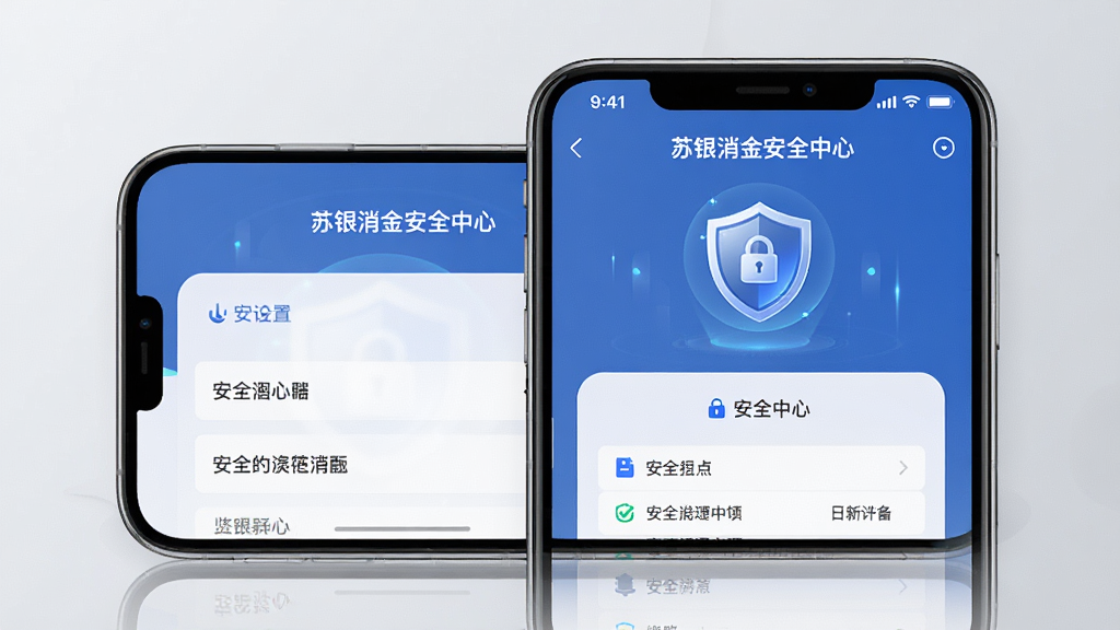 一张展示“苏银消金”安全中心界面的图片,画面主体是手机屏幕,屏幕显示安全中心页面,有盾牌图标和各项安全设置选项,背景为浅灰色,风格科技感十足,细节清晰,画质干净,无多余元素