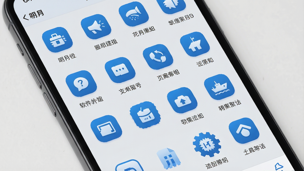 一张展示明月号软件内部功能页面的图片,主体是手机屏幕,屏幕上显示着明月号APP的工具聚合页面,布局是网格状排列的功能图标,每个图标下方有文字标签,排版整齐,风格简约现代,细节上图标颜色统一为蓝色调,背景为浅灰色,画质清晰,干净无多余元素。