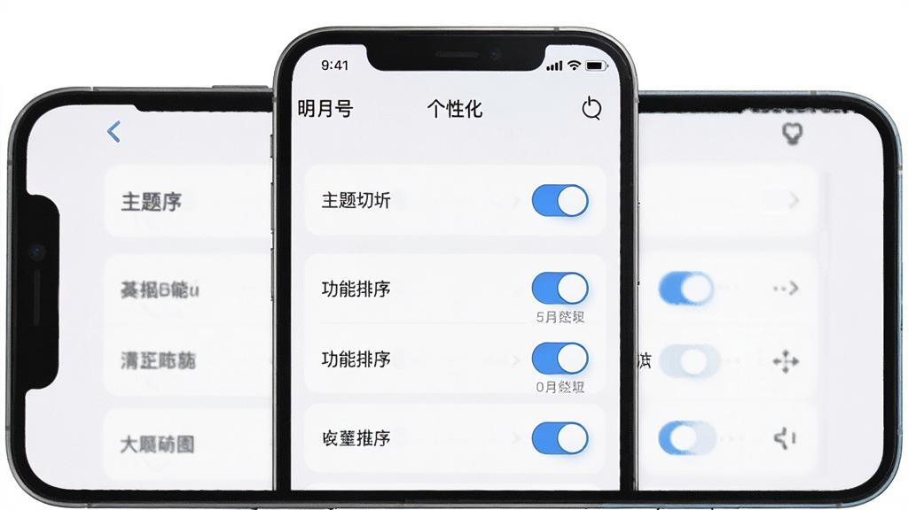 一张展示明月号软件设置界面的图片,主体是手机屏幕,屏幕上显示着明月号APP的个性化设置页面,布局分为几个选项区域,包括主题切换、功能排序等,排版清晰,风格扁平化,细节上开关按钮圆润,文字标签明确,画质高清,干净无多余元素,背景为白色。