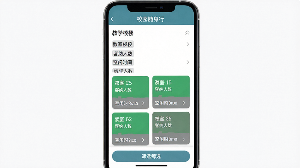 У԰������App���н��Ҳ�ѯ���棬�ֻ���Ļ��ʾ��У԰�����С����������м��ǽ�ѧ¥�б��ͽ��ҿ�Ƭ��ÿ�ſ�Ƭ��ʾ���ұ�š����������Ϳ���ʱ��Σ���Ƭ����ɫ�ͻ�ɫ���ֿ�����ռ��״̬���ײ���ɸѡ��ť��������������׶�������Լ�ִ������ʸɾ����޶���Ԫ��