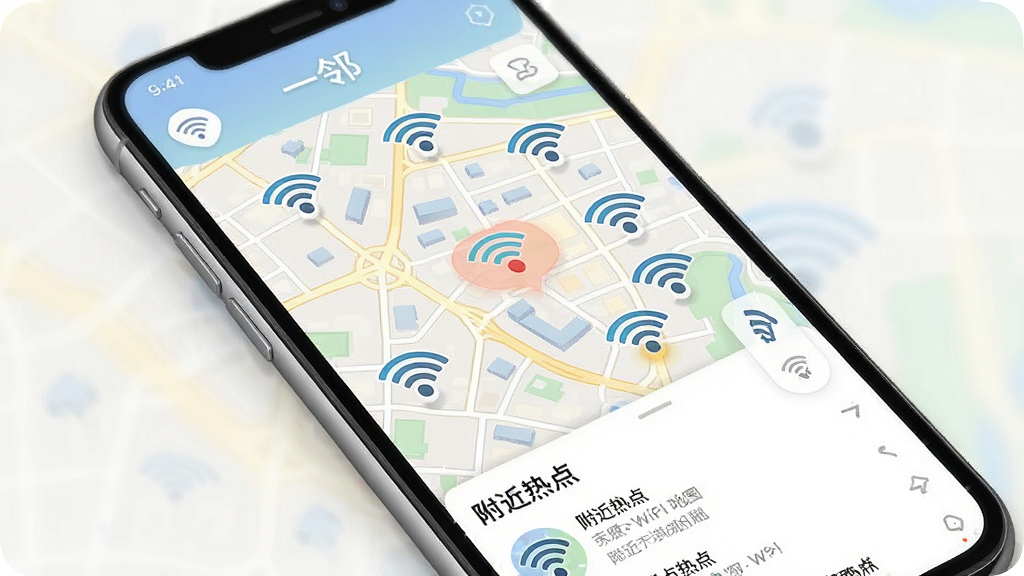 һ�š�һ���ڡ�App����WiFi��ͼ���ܵ�չʾͼ���ֻ���Ļ��ʾ���н�����ͼ����ͼ��ɢ���Ŷ��WiFi�ź�ͼ�꣬�ײ��С������ȵ㡱�б���������Ƶ�����ͼ��ɫ����ͣ������������޶���װ��