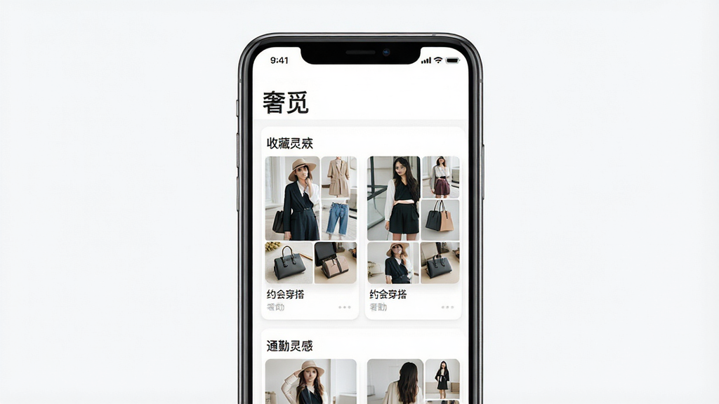 һ��չʾ�����١�App�ղع��ܵ�ͼƬ������������һ���ֻ�����Ļ��ʾ�����١�App���ղؼ�ҳ�棬�����ж������Ϊ��Լ�ᴩ���ͨ����С����ղذ壬ÿ�����ӷ����Ǽ�������ͼƴ��һ�𣬲���Ϊ�ֻ����У����Ϊ����ִ�UI��ϸ�ڰ�����Ƭʽ��ƺ����������ֱ��⣬���ʸ��壬�����ɾ����޶���Ԫ��