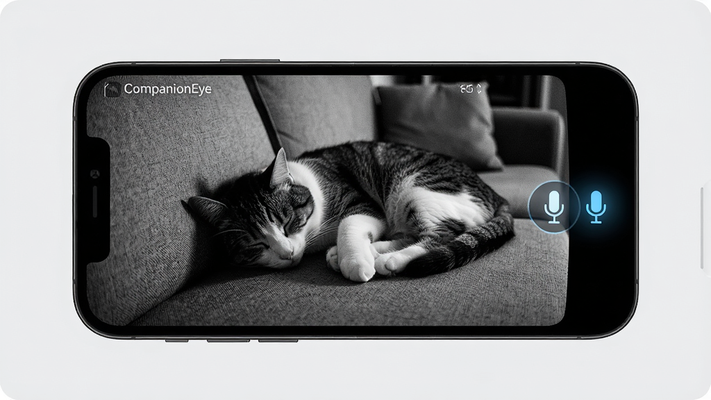 CompanionEye ҹ����Խ����ܳ���ͼ��������һ���ֻ�����Ļ����ʾ�źڰ׸����ҹ�Ӽ�ػ��棬��������һֻ����ɳ����˯����è�䣬�ֻ��Ա���һ����˷�ͼ�����𣬲������ֻ����У��Ű��࣬����ǰ�ҹ�Ƽ��磬ϸ���ϻ��������Ƶúܺã���������������ɾ����޶���Ԫ��