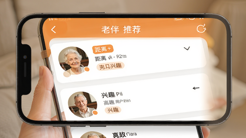 找老伴APP智能匹配界面,手机屏幕显示附近用户推荐列表,带有距离标签和兴趣标签,温暖橙色调,界面简洁清晰,中老年用户友好,干净无多余元素