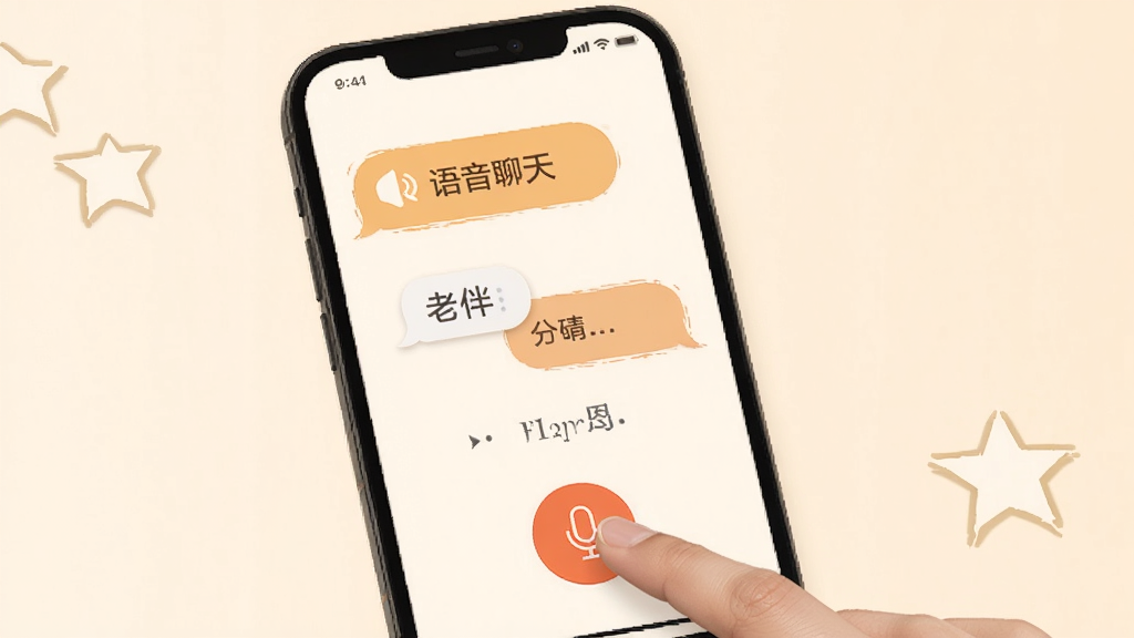 找老伴APP语音聊天功能展示,手机界面显示语音消息气泡和麦克风按钮,手指按住说话,大字体提示,暖色系界面,简洁干净无多余元素