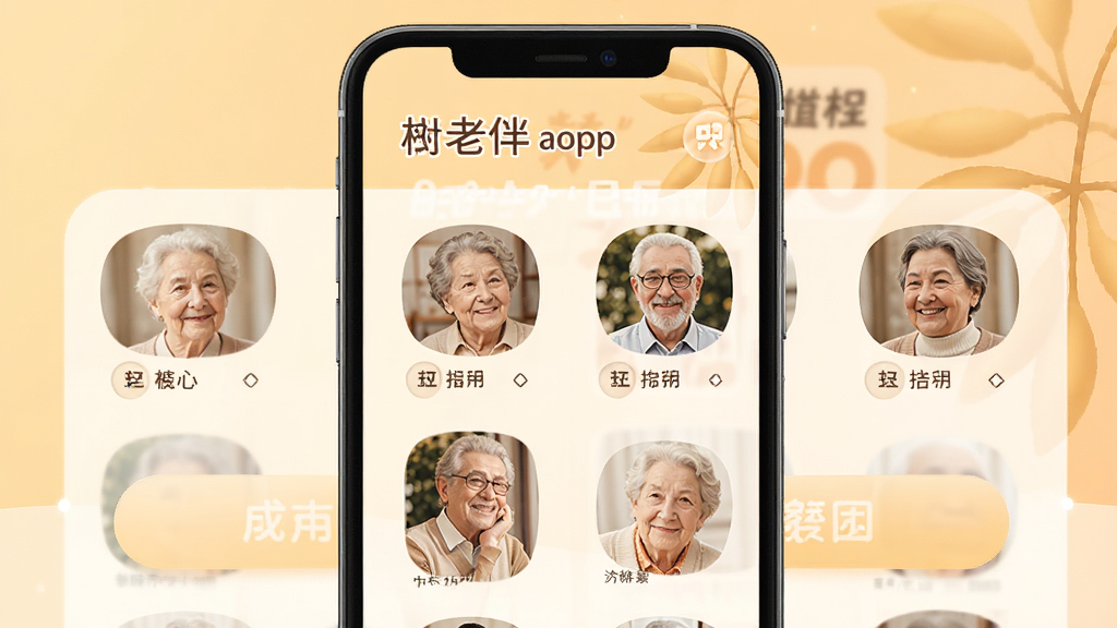 找老伴APP主界面展示,中老年用户友好设计,大字体大按钮,首页显示附近用户头像列表,暖色调背景,干净整洁,画质清晰,无多余元素