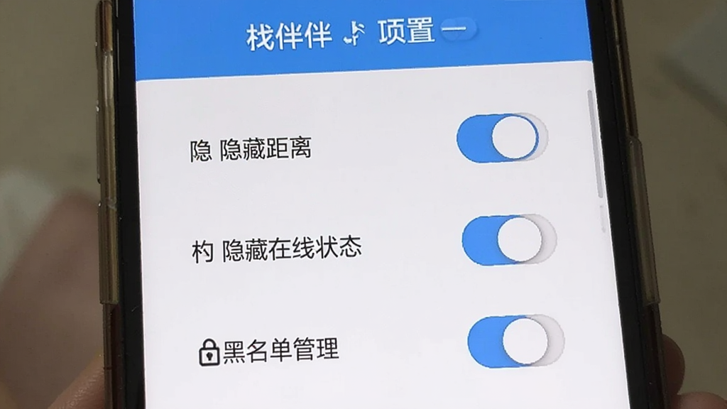 找老伴APP隐私设置页面,手机屏幕显示多个开关按钮包括隐藏距离、隐藏在线状态、黑名单管理,界面干净整洁,蓝色调为主,中老年友好大字体,无多余元素