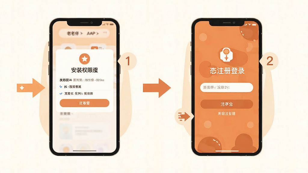找老伴APP安装教程示意图,手机屏幕显示安装权限设置页面和注册登录界面,步骤清晰标注,扁平化设计风格,暖色调,干净整洁无多余元素