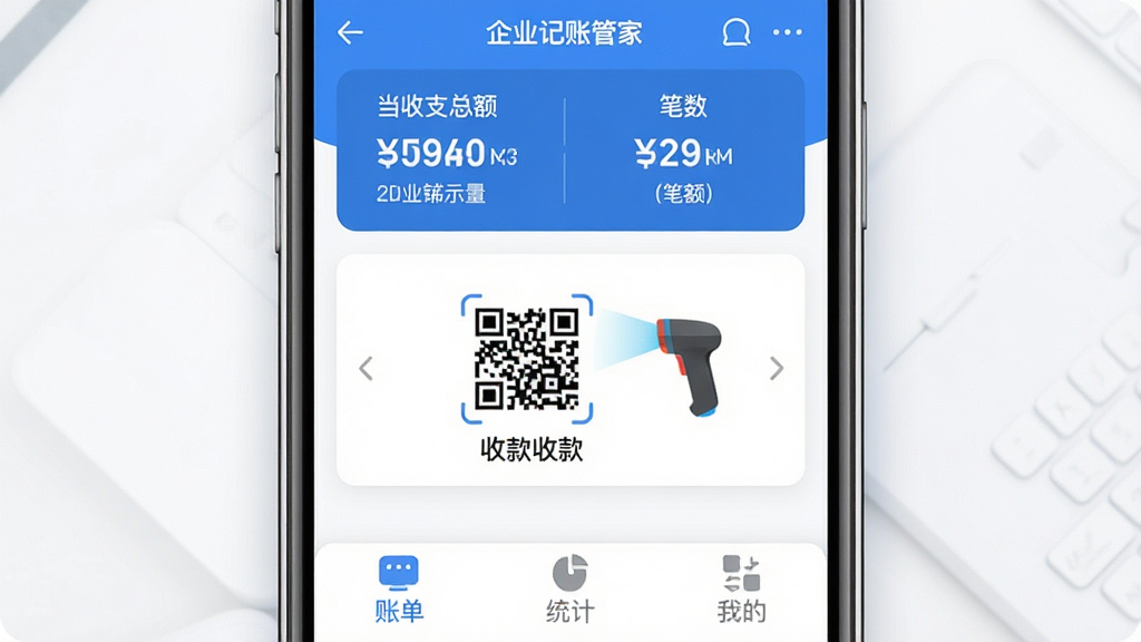 ��ҵ���˹ܼ�Ӧ��������չʾ������������һ�������ֻ�����Ļ��ʾ��ҵ���˹ܼ�APP��ҳ��������ʾ������֧�ܶ�ͱ������м�����Ϊ�տ��ά���ɨ��ǹͼ�꣬�ײ�Ϊ�˵���ͳ�ƺ��ҵ�����ѡ�������������Ϊ��ɫ��������������࣬����ִ���ƽ��ϸ��Բ�󣬻��ʸɾ��޶���Ԫ�ء�