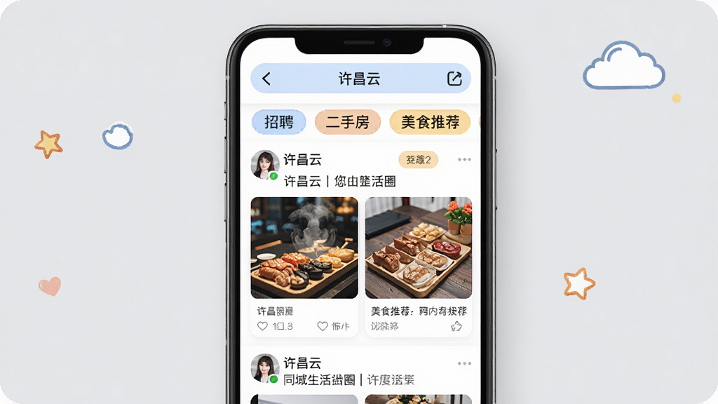 һ��չʾ�������ơ�Appͬ������Ȧҳ����ֻ�����ͼ������Ϊ�ֻ���Ļ������Ϊ����������ť���м����û�������ͼ����������������Ƹ�����ַ�����ʳ�Ƽ��ȷ����ǩ���Ű���ã������ܰ��ϸ����ͷ���ͼƬ����������Ϊǳ��ɫ�����ʸ��壬�޶���Ԫ��